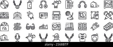 Hiphop icons set. Outline set of hiphop vector icons for web design isolated on white background. Hiphop icons set, outline style Stock Vector