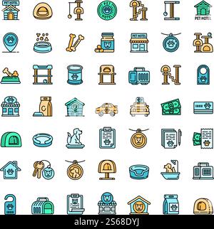 Pets hotel icons set. Outline set of pets hotel vector icons for web design isolated on white background. Pets hotel icons set, outline style Stock Vector