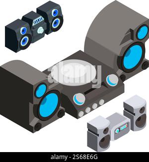 Stereo system icons set. Isometric set of stereo system vector icons for web design isolated on white background. Stereo system icons set, isometric style Stock Vector
