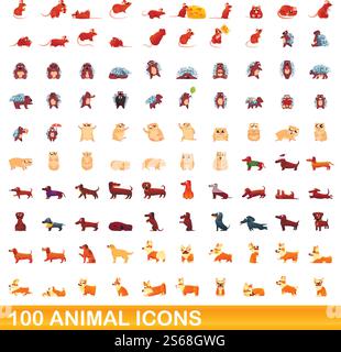 100 animal icons set. Cartoon illustration of 100 animal icons vector set isolated on white background. 100 animal icons set, cartoon style Stock Vector