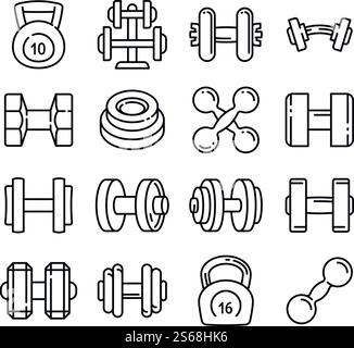 Dumbell icons set. Outline set of dumbell vector icons for web design isolated on white background. Dumbell icons set, outline style Stock Vector