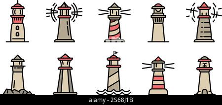 Lighthouse icons set. Outline set of lighthouse vector icons for web design isolated on white background. Lighthouse icons set, outline style Stock Vector