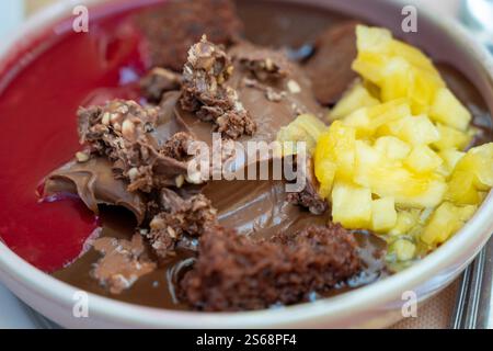 delicious melted chocolate desert served with chopped pineapple and raspberry sauce Stock Photo