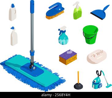 Cleaner equipment icons set. Isometric set of cleaner equipment vector icons for web design isolated on white background. Cleaner equipment icons set, isometric style Stock Vector