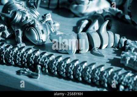 Art object printed on 3D printer close-up. Art creative model created on 3D printer from molten plastic closeup. Three-dimensional 3D printing. Modern new 3D printing technologies. Additive technology Stock Photo