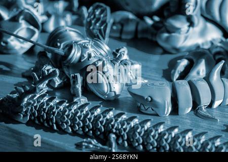 Art object printed on 3D printer close-up. Art creative model created on 3D printer from molten plastic closeup. Three-dimensional 3D printing. Modern new 3D printing technologies. Additive technology Stock Photo