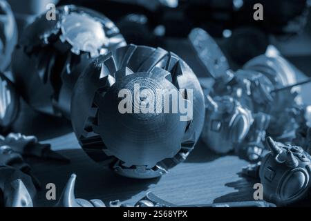 Art object printed on 3D printer close-up. Art creative model created on 3D printer from molten plastic closeup. Three-dimensional 3D printing. Modern new 3D printing technologies. Additive technology Stock Photo