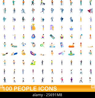 100 people icons set. Cartoon illustration of 100 people icons vector set isolated on white background. 100 people icons set, cartoon style Stock Vector