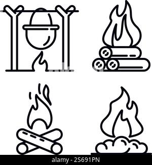 Campfire icons set. Outline set of campfire vector icons for web design isolated on white background. Campfire icons set, outline style Stock Vector