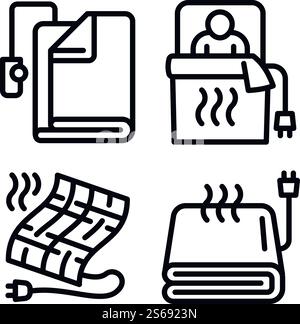 Electric blanket icons set. Outline set of electric blanket vector icons for web design isolated on white background. Electric blanket icons set, outline style Stock Vector