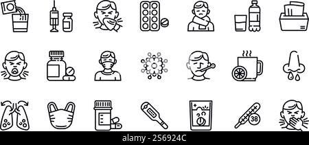 Flu icons set. Outline set of flu vector icons for web design isolated on white background. Flu icons set, outline style Stock Vector