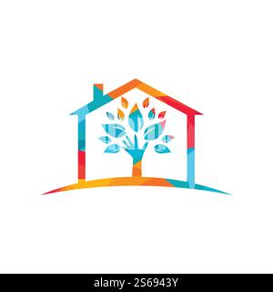 Creative green hand tree and house logo design. Natural home care logo. Spa logo. Beauty salon or yoga logo. Stock Vector