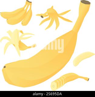 Banana icons set. Isometric set of banana vector icons for web design isolated on white background. Banana icons set, isometric style Stock Vector