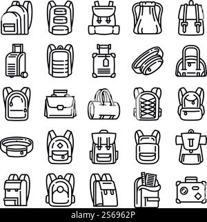 Backpack icons set. Outline set of backpack vector icons for web design isolated on white background. Backpack icons set, outline style Stock Vector
