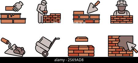 Masonry worker icons set. Outline set of masonry worker vector icons for web design isolated on white background. Masonry worker icons set, outline style Stock Vector