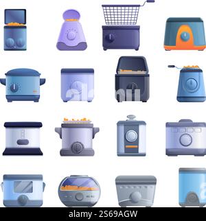 Deep fryer icons set. Cartoon set of deep fryer vector icons for web design. Deep fryer icons set, cartoon style Stock Vector