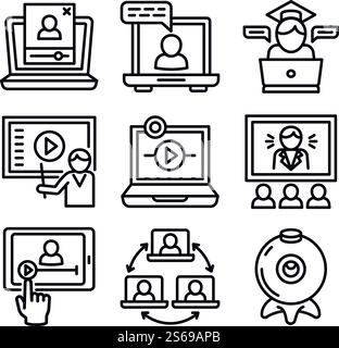 Webinar icons set. Outline set of webinar vector icons for web design isolated on white background. Webinar icons set, outline style Stock Vector