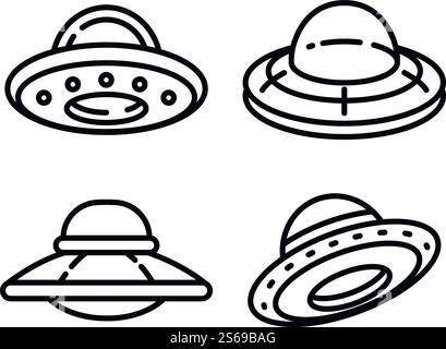 UFO icons set. Outline set of UFO vector icons for web design isolated on white background. UFO icons set, outline style Stock Vector