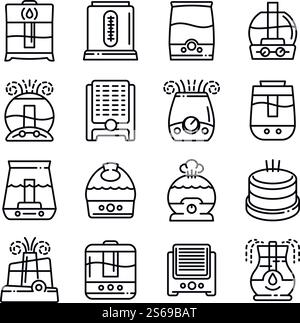 Humidifier icons set. Outline set of humidifier vector icons for web design isolated on white background. Humidifier icons set, outline style Stock Vector