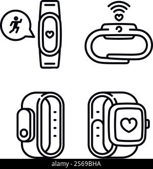 Fitness tracker icons set. Outline set of fitness tracker vector icons for web design isolated on white background. Fitness tracker icons set, outline style Stock Vector