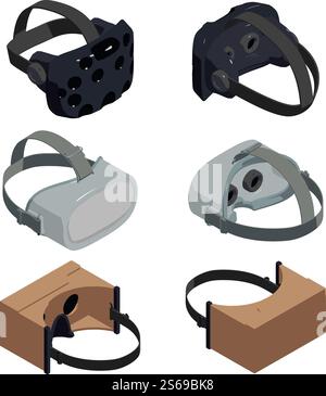 Game goggles icons set. Isometric set of game goggles vector icons for web design isolated on white background. Game goggles icons set, isometric style Stock Vector