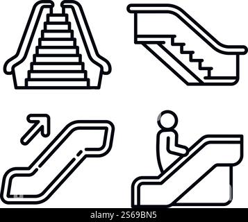 Escalator icons set. Outline set of escalator vector icons for web design isolated on white background. Escalator icons set, outline style Stock Vector