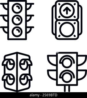 Traffic lights icons set. Outline set of traffic lights vector icons for web design isolated on white background. Traffic lights icons set, outline style Stock Vector
