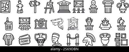 Museum icons set. Outline set of museum vector icons for web design isolated on white background. Museum icons set, outline style Stock Vector