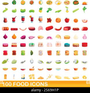 100 food icons set. Cartoon illustration of 100 food icons vector set isolated on white background. 100 food icons set, cartoon style Stock Vector