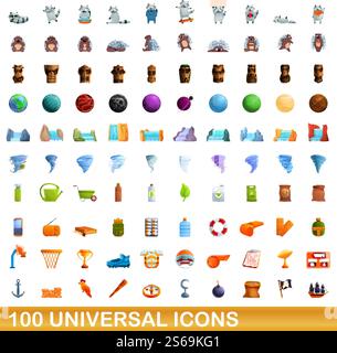 100 universal icons set. Cartoon illustration of 100 universal icons vector set isolated on white background. 100 universal icons set, cartoon style Stock Vector