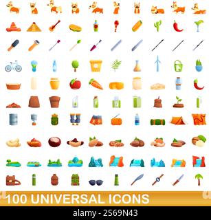 100 universal icons set. Cartoon illustration of 100 universal icons vector set isolated on white background. 100 universal icons set, cartoon style Stock Vector