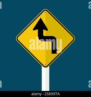 Curves ahead Left Traffic Road Sign isolated on grey sky background.Vector illustration Stock Vector