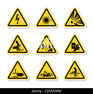 Triangular Warning Hazard Symbols labels On White Background Stock Vector