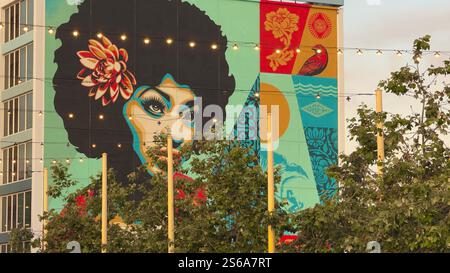 A vibrant mural on a California building showcasing a striking portrait with bold colors, floral details. Stock Photo