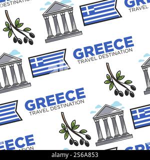 Greek symbols Greece travel destination seamless pattern vector national flag and ancient pillars olive branch food and architecture endless texture heraldry history and culture wallpaper print. Greece travel destination seamless pattern Greek symbols Stock Vector