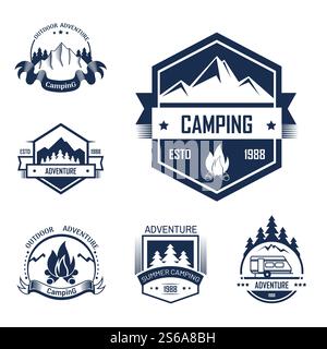 Adventure summer outdoor camping isolated labels set vector. Traveling to mountains being closer to nature, forest and trees. Animals sign, deer with horns, traveling, and touristm, sleeping in tents. Adventure summer outdoor camping isolated labels set vector. Stock Vector