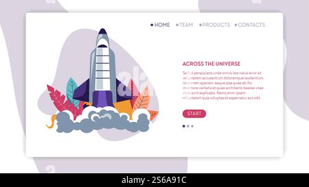 Cosmic program across universe online web page template vector spaceship launch or rocket start spacecraft interstellar expedition space voyage astronomy science planets and satellites exploration. Across universe cosmic program online web page template Stock Vector