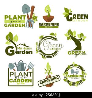 Green garden isolated icons home gardening tools and plants vector spade and forks watering can leaves and branches emblems and logo growing and cultivation groundworks equipment foliage and sprouts.. Green garden isolated icons gradening tools and plants Stock Vector