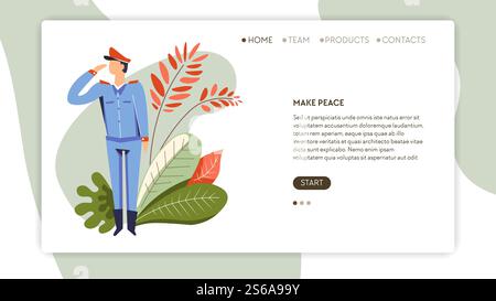Military service make peace web page template vector soldier in uniform officer country defense forces servant Internet site mockup online recruitment duty and honor male character and abstract plants. Make peace online web page template military service Stock Vector