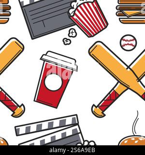 American symbols travel to America seamless pattern US vector cola in paper cup baseball bats and ball movie shooting clapperboard and popcorn pack hamburger endless texture sport and entertainment. Travel to America and American symbols seamless pattern US Stock Vector