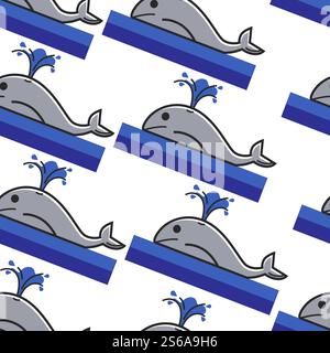 Giant marine mammal Norway whale in ocean seamless pattern vector Norwegian symbol animal fountain from head hole fish tail and fins sea endless texture traveling and tourism fauna wallpaper print. Norway whale in ocean seamless pattern giant marine mammal Stock Vector