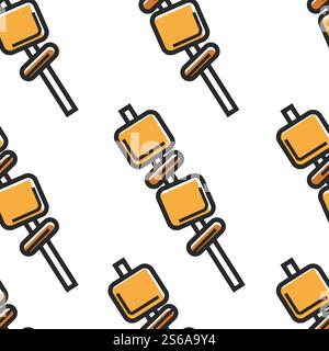 Ingredients on skewer or wooden stick Korean street food seamless pattern travel to Korea food and cuisine traveling and tourism deep-fried meal endless texture exotic culinary recipes wallpaper print. Korean street food ingredients on skewer or wooden stick seamless pattern Stock Vector