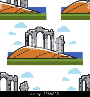 Ancient architecture and landmark Scottish temple ruins seamless pattern vector traveling and exploration attraction and sightseeing travel to Scotland endless texture United Kingdom wallpaper print. Scottish temple ruins ancient architecture and landmark seamless pattern Stock Vector