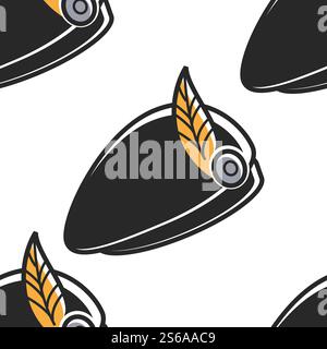Headdress Scottish hat national costume element seamless pattern accessory vector Scotland style endless texture bagpipes player garment with feather wallpaper print headgear traveling and tourism. Scottish hat with feather national costume element seamless pattern Stock Vector