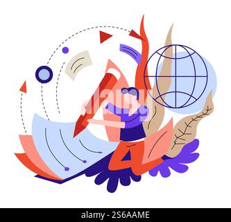 Distant online education web knowledge test vector book or copybook and global network symbol Internet site service graduation and studying subjects or personal development courses man writing.. Online education abstract concept knowledge test writing Stock Vector