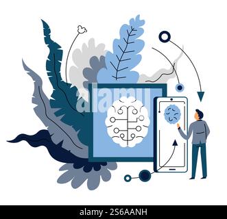 Artificial intelligence device synchronization mobile app and user vector pad or tablet and smartphone connection and data exchange digital assistant smart service and automatization brain symbol.. Device synchronization through artificial intelligence mobile app and user Stock Vector