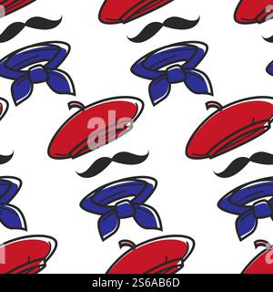 Beret and mustache neckerchief French outfit seamless pattern France symbol Paris citizen stereotype headdress and accessory garments clothing Frenchman look endless texture style and clothes. French outfit seamless pattern beret and mustache neckerchief Stock Vector