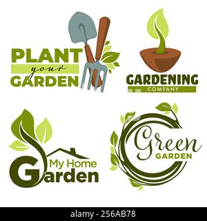 Green garden isolated icons home gardening tools and plants vector groundwork spade and forks leaves and branches emblems and logo growing and cultivation equipment foliage and sprouts in soil. Plant garden gardening tools and leaves or sprouts isolated icons Stock Vector