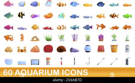 60 aquarium icons set. Cartoon illustration of 60 aquarium icons vector set isolated on white background. 60 aquarium icons set, cartoon style Stock Vector