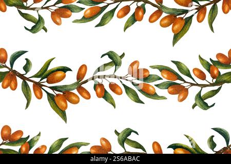 Seamless horizontal pattern with sea buckthorn. Watercolor illustration with branches of orange berries on isolated background. For tea packaging, cos Stock Photo